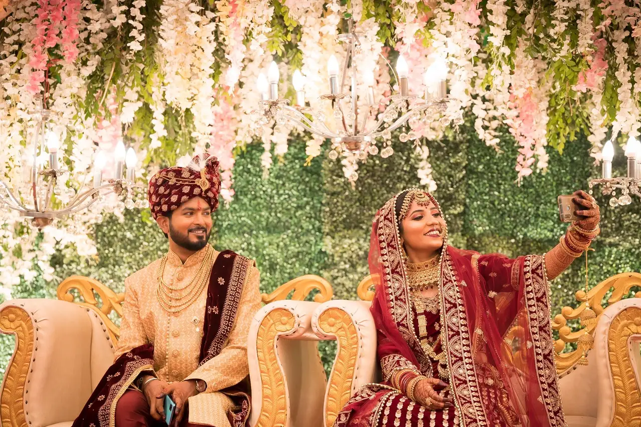 A couple smiling together in festive clothes
