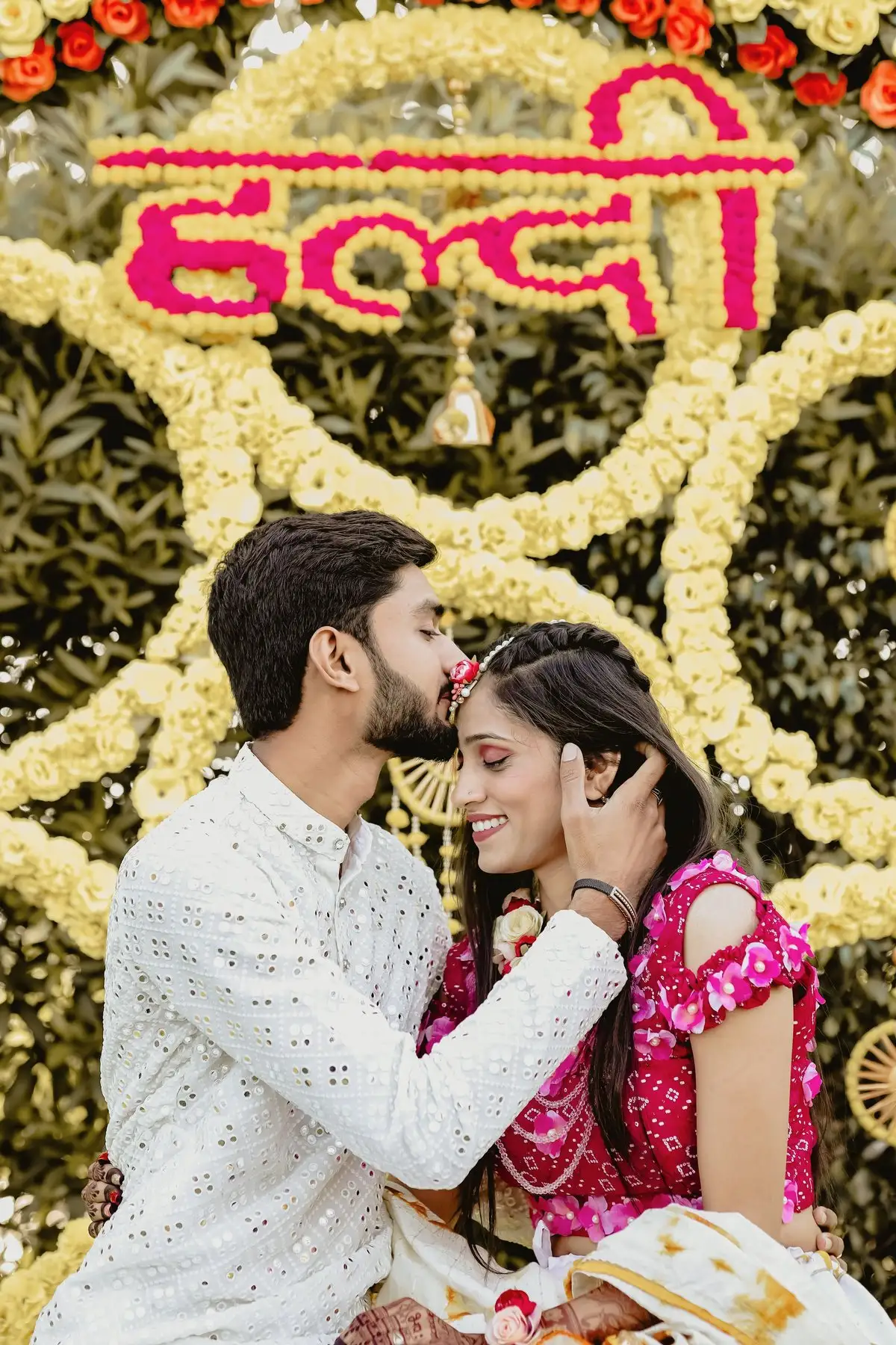 A bride and groom sharing a quiet moment at their wedding