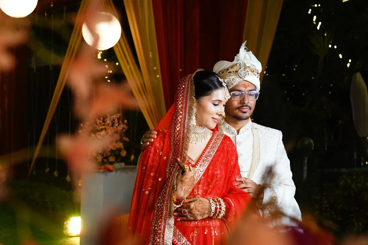 A bride and groom sharing a quiet moment at their wedding